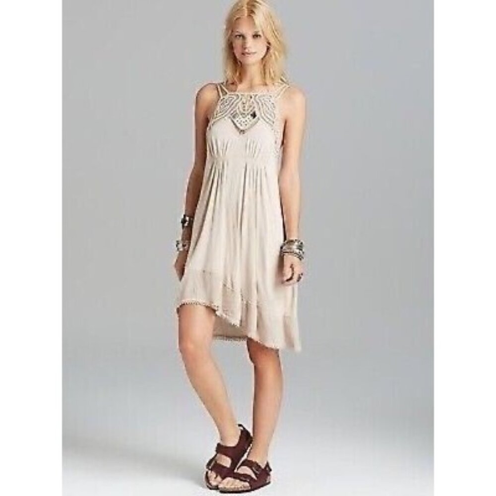 NWOT Free People Cream Crochet Beaded Slip Dress S | 70s Coastal Cowgirl Boho